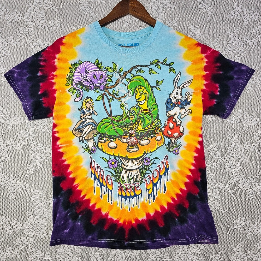 Liquid Blue Alice in Wonderland Tie‎ Dye Graphic Print T-Shirt Men's M Hippie